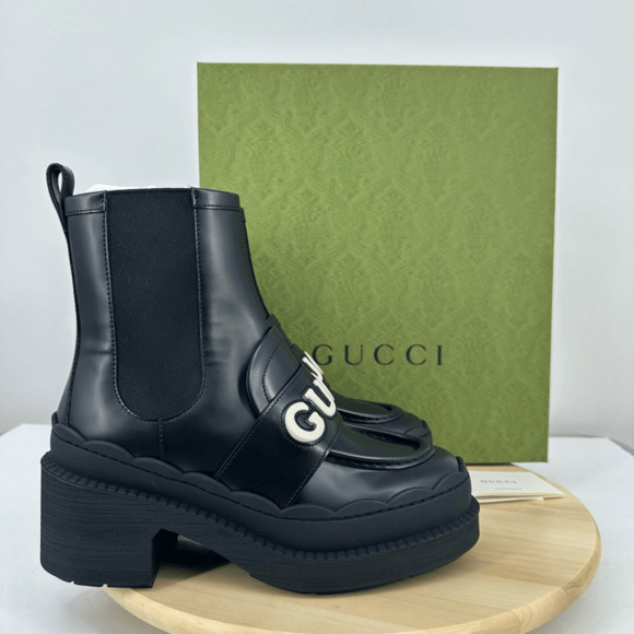 Gucci Women’s Ornella Leather Boots Logo Chunky Platform Chelsea US 8 Black NIB - Picture 3 of 15